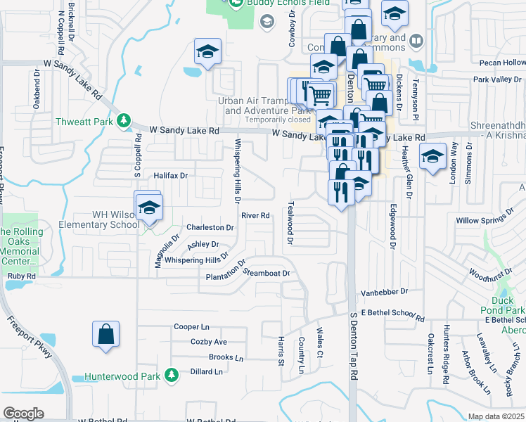 map of restaurants, bars, coffee shops, grocery stores, and more near 212 River Road in Coppell