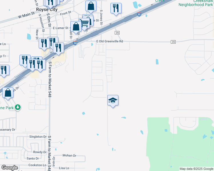 map of restaurants, bars, coffee shops, grocery stores, and more near 1065 Cemetery Road in Royse City