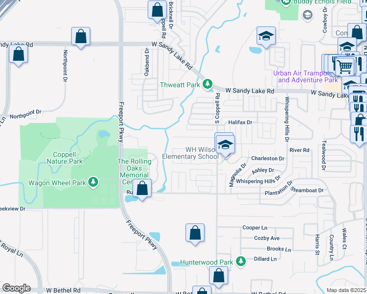 map of restaurants, bars, coffee shops, grocery stores, and more near 41 Timberview in Coppell