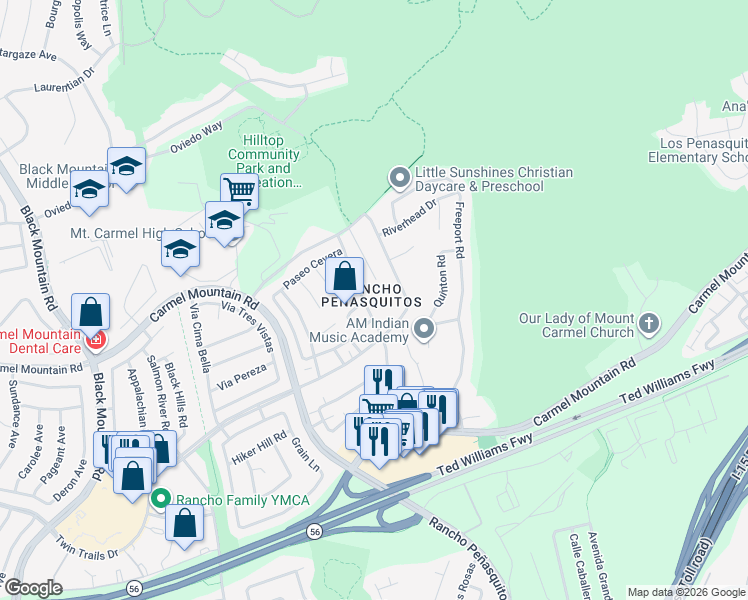 map of restaurants, bars, coffee shops, grocery stores, and more near 13779 Paseo Cardiel in San Diego