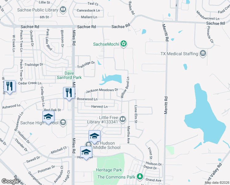 map of restaurants, bars, coffee shops, grocery stores, and more near 4515 Coldbrook Ln in Sachse