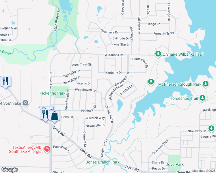 map of restaurants, bars, coffee shops, grocery stores, and more near 2802 Springbranch Court in Grapevine