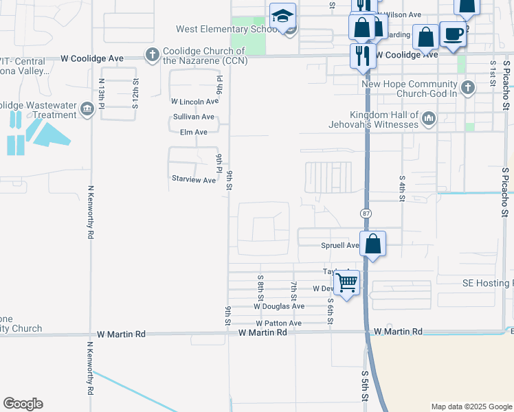 map of restaurants, bars, coffee shops, grocery stores, and more near 805 West Gibson Avenue in Coolidge