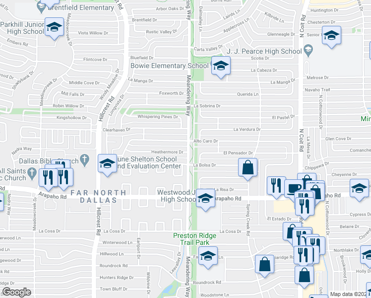 map of restaurants, bars, coffee shops, grocery stores, and more near 7447 Heathermore Drive in Dallas