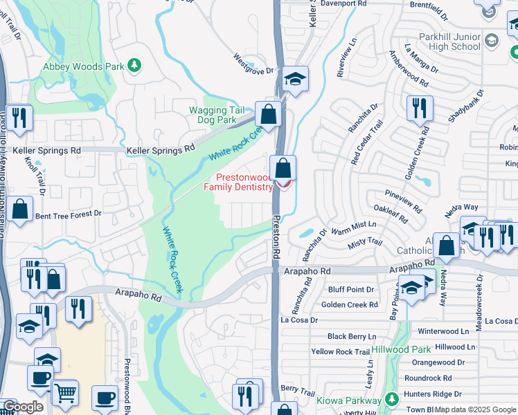 map of restaurants, bars, coffee shops, grocery stores, and more near 15927 Archwood Lane in Dallas