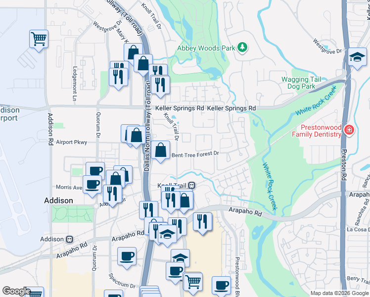 map of restaurants, bars, coffee shops, grocery stores, and more near 5325 Bent Tree Forest Drive in Dallas