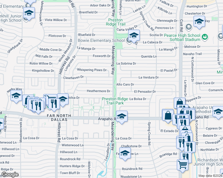 map of restaurants, bars, coffee shops, grocery stores, and more near 7447 Heathermore Drive in Dallas