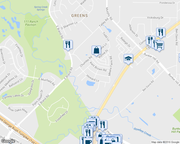 map of restaurants, bars, coffee shops, grocery stores, and more near 1217 Homer Johnson Lane in Garland
