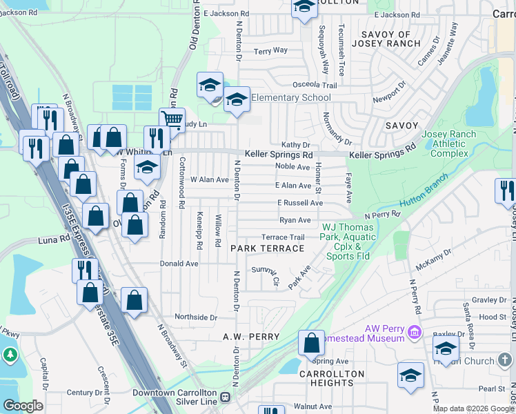 map of restaurants, bars, coffee shops, grocery stores, and more near 1010 East Russell Avenue in Carrollton