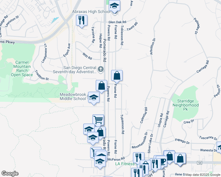 map of restaurants, bars, coffee shops, grocery stores, and more near 13837 Powers Road in Poway