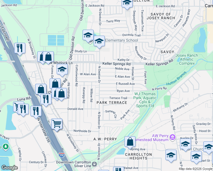 map of restaurants, bars, coffee shops, grocery stores, and more near 1010 East Russell Avenue in Carrollton