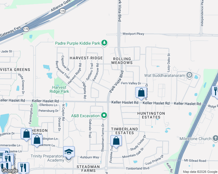 map of restaurants, bars, coffee shops, grocery stores, and more near 4437 Westbend Lane in Fort Worth