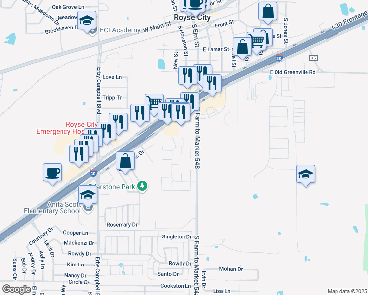 map of restaurants, bars, coffee shops, grocery stores, and more near 1116 Falcon Court in Royse City