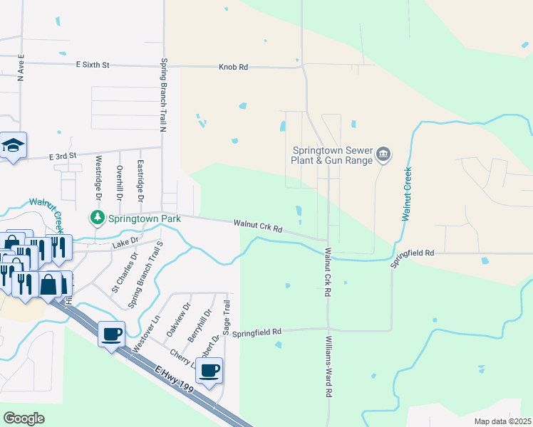map of restaurants, bars, coffee shops, grocery stores, and more near 1141 Walnut Creek Road in Springtown