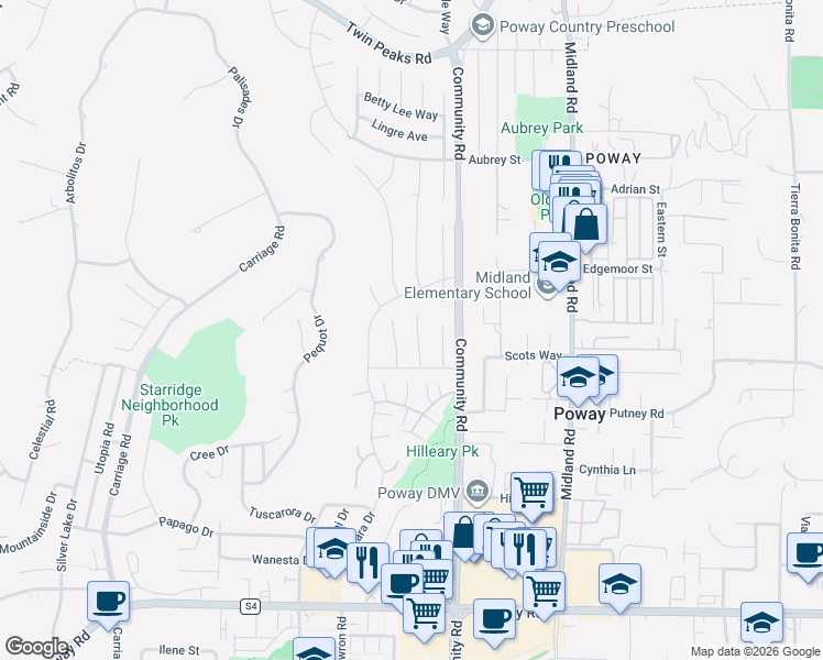 map of restaurants, bars, coffee shops, grocery stores, and more near 13852 Olive Mill Way in Poway