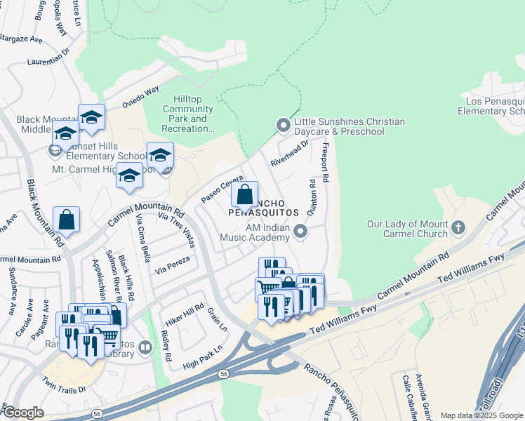 map of restaurants, bars, coffee shops, grocery stores, and more near 13785 Paseo Cardiel in San Diego