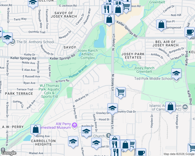 map of restaurants, bars, coffee shops, grocery stores, and more near 1814 Elmwood Ln in Carrollton