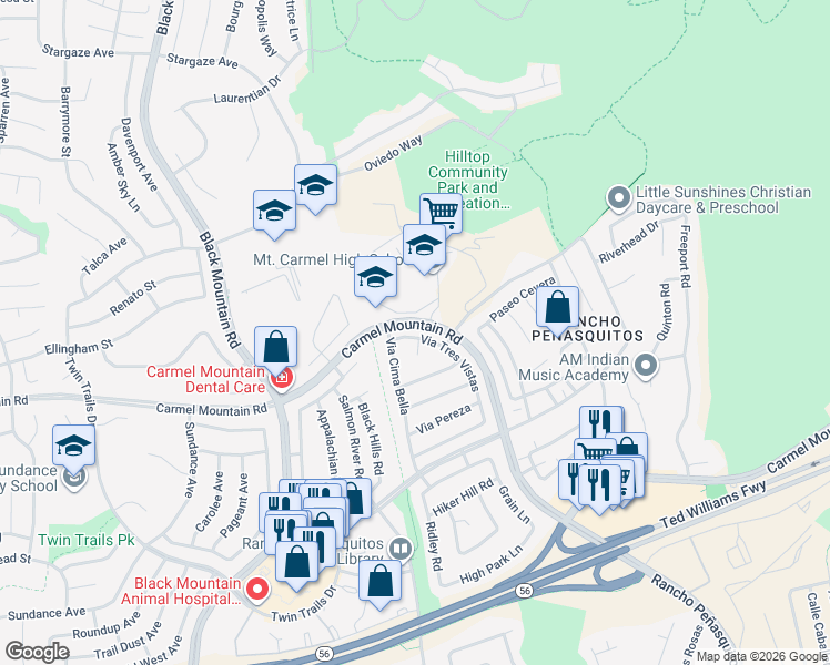map of restaurants, bars, coffee shops, grocery stores, and more near 13779 Via Tres Vistas in San Diego