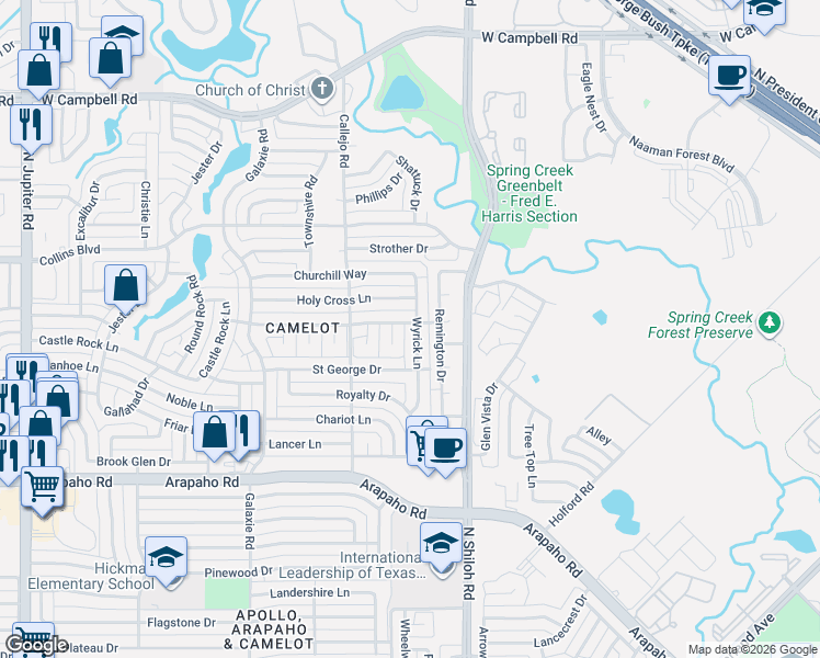map of restaurants, bars, coffee shops, grocery stores, and more near 5529 Wyrick Lane in Garland
