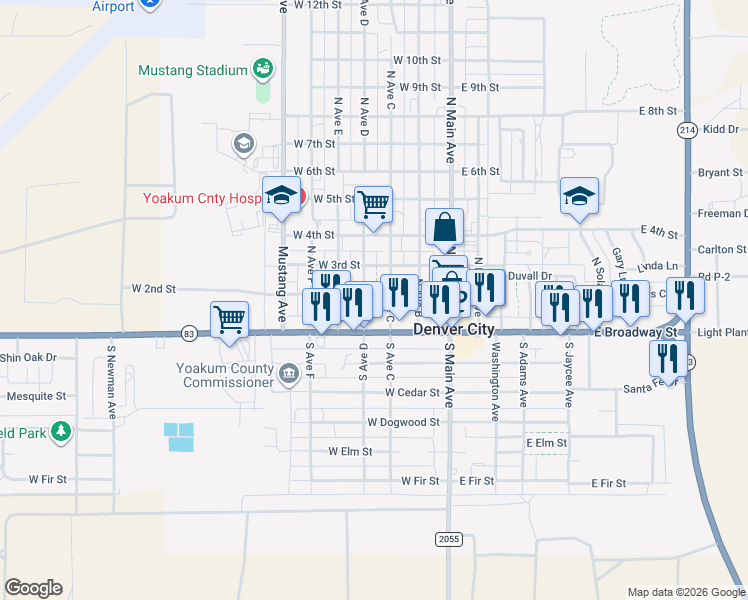 map of restaurants, bars, coffee shops, grocery stores, and more near 319 West 2nd Street in Denver City