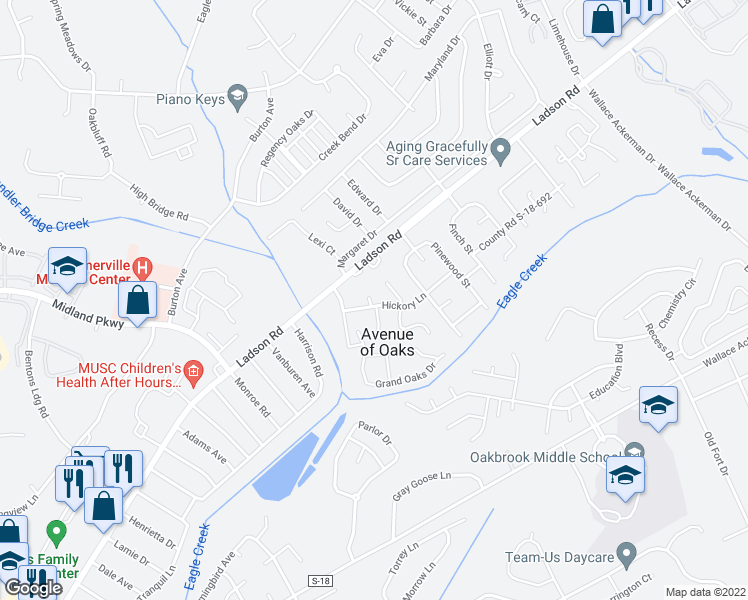 map of restaurants, bars, coffee shops, grocery stores, and more near 9604 Blue Jay Court in Ladson