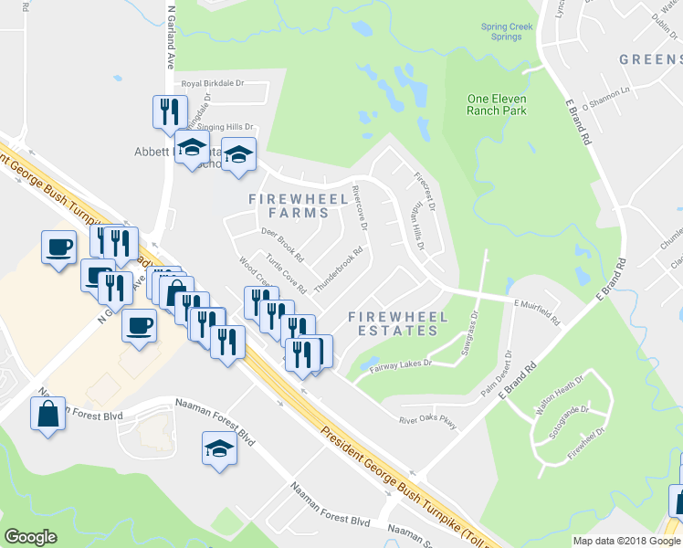 map of restaurants, bars, coffee shops, grocery stores, and more near 510 Thunderbrook Road in Garland