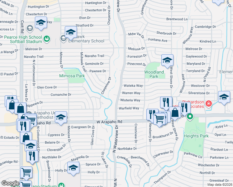 map of restaurants, bars, coffee shops, grocery stores, and more near 1201 North Waterview Drive in Richardson