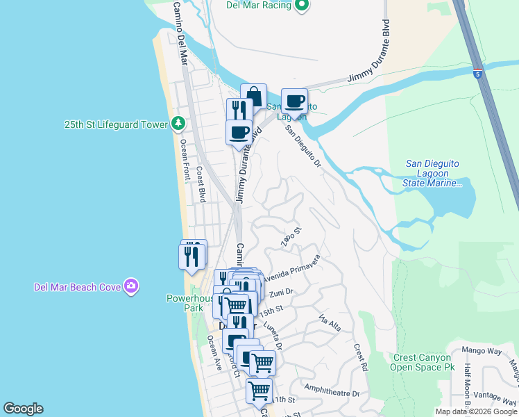 map of restaurants, bars, coffee shops, grocery stores, and more near 1930 Seaview Avenue in Del Mar