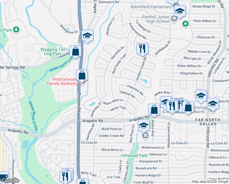 map of restaurants, bars, coffee shops, grocery stores, and more near 16012 Red Cedar Trail in Dallas
