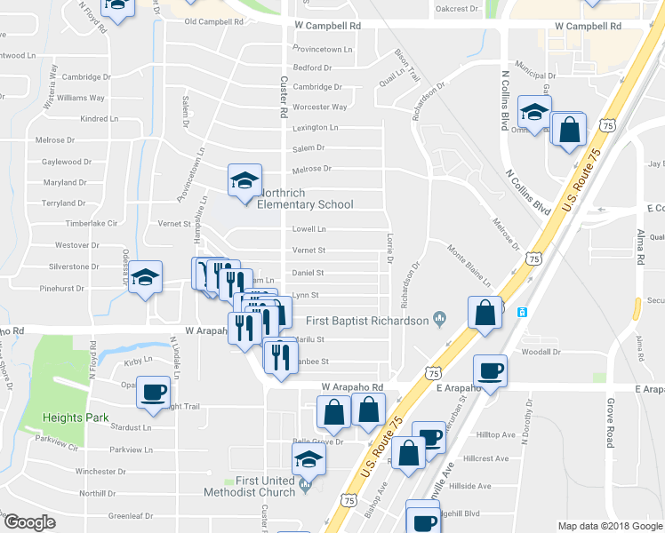 map of restaurants, bars, coffee shops, grocery stores, and more near 424 Daniel Street in Richardson
