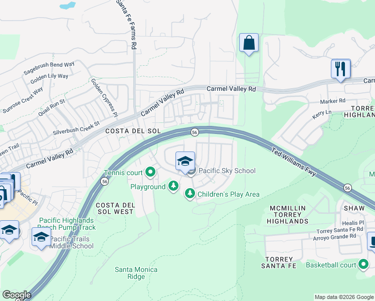map of restaurants, bars, coffee shops, grocery stores, and more near 13521 Cielo Ranch Road in San Diego