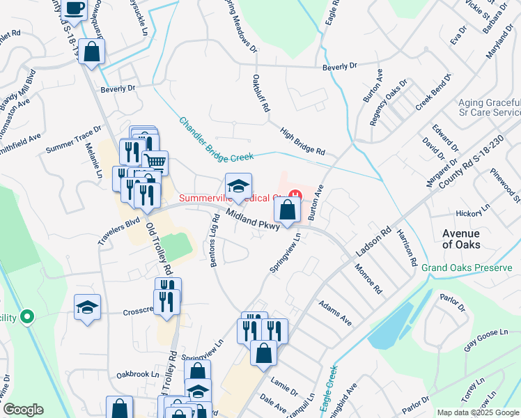map of restaurants, bars, coffee shops, grocery stores, and more near 255 Midland Parkway in Summerville
