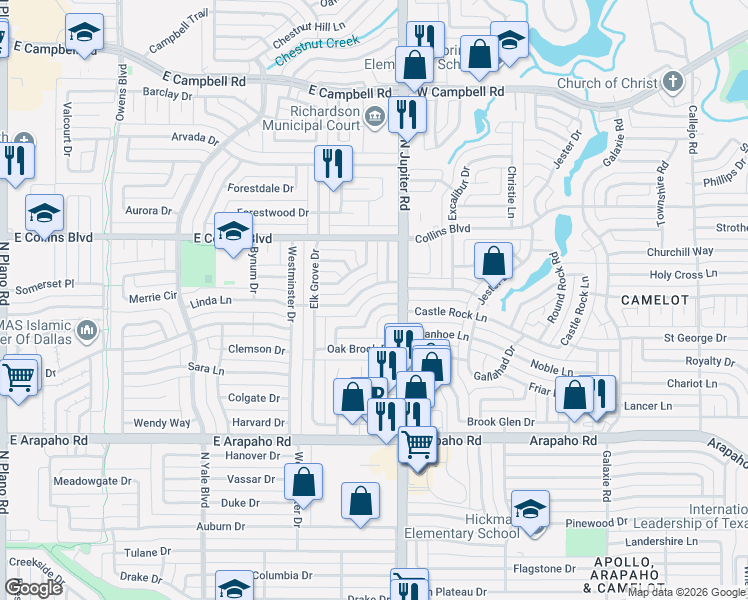 map of restaurants, bars, coffee shops, grocery stores, and more near 2125 Wheaton Drive in Richardson