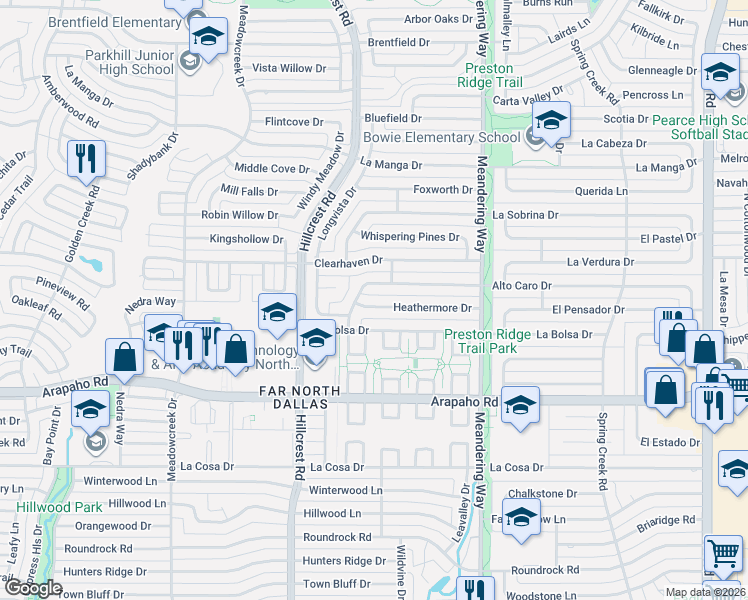 map of restaurants, bars, coffee shops, grocery stores, and more near 7231 Heathermore Drive in Dallas