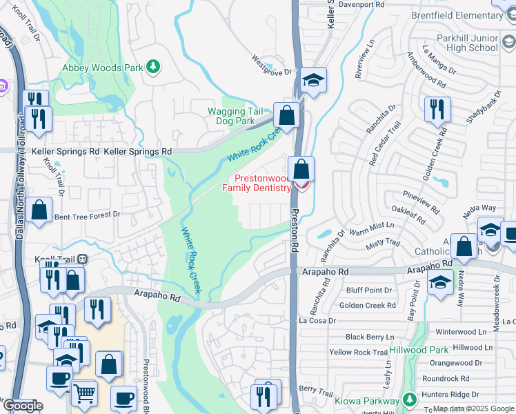 map of restaurants, bars, coffee shops, grocery stores, and more near 15918 Club Crest Drive in Dallas