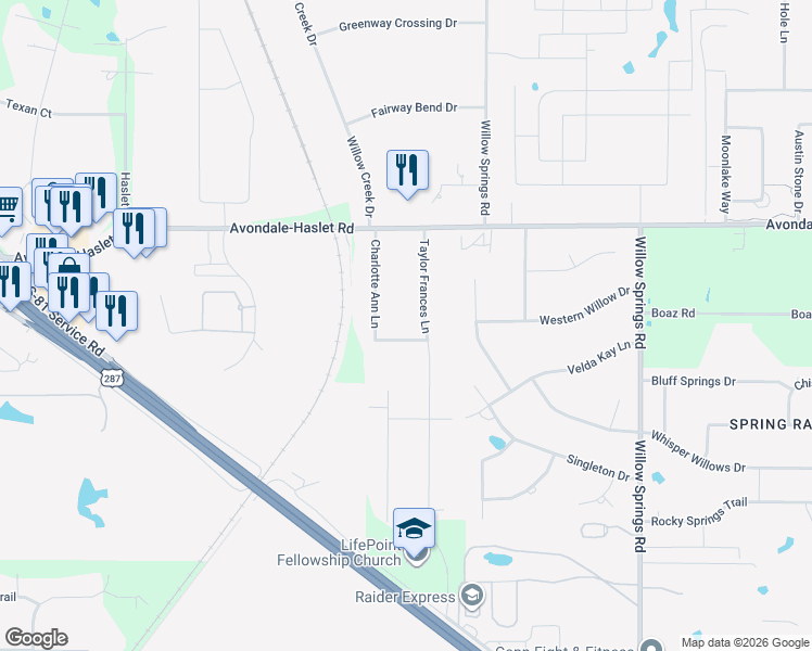 map of restaurants, bars, coffee shops, grocery stores, and more near 1800 Florance Ann Lane in Haslet
