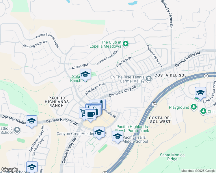 map of restaurants, bars, coffee shops, grocery stores, and more near 13519 Blue Lace Trail in San Diego