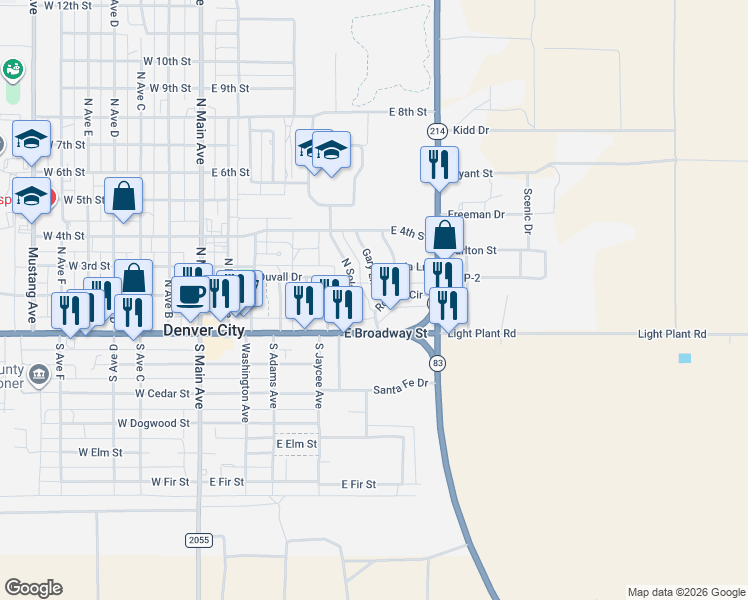 map of restaurants, bars, coffee shops, grocery stores, and more near 103-199 Rogers Circle in Denver City