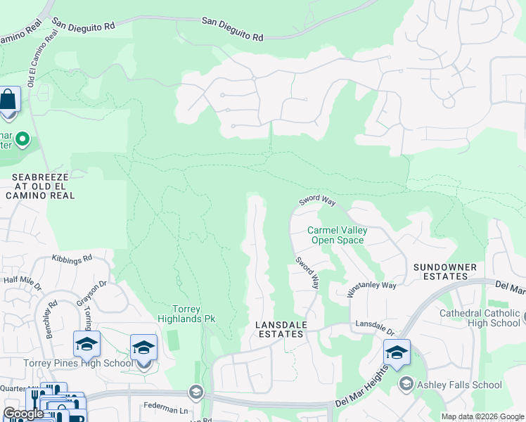 map of restaurants, bars, coffee shops, grocery stores, and more near 13671 Glencliff Way in San Diego