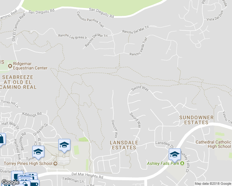 map of restaurants, bars, coffee shops, grocery stores, and more near 13671 Glencliff Way in San Diego