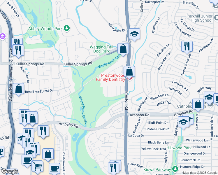 map of restaurants, bars, coffee shops, grocery stores, and more near 15918 Club Crest Drive in Dallas