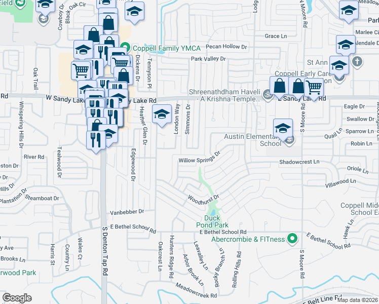 map of restaurants, bars, coffee shops, grocery stores, and more near 156 Simmons Drive in Coppell