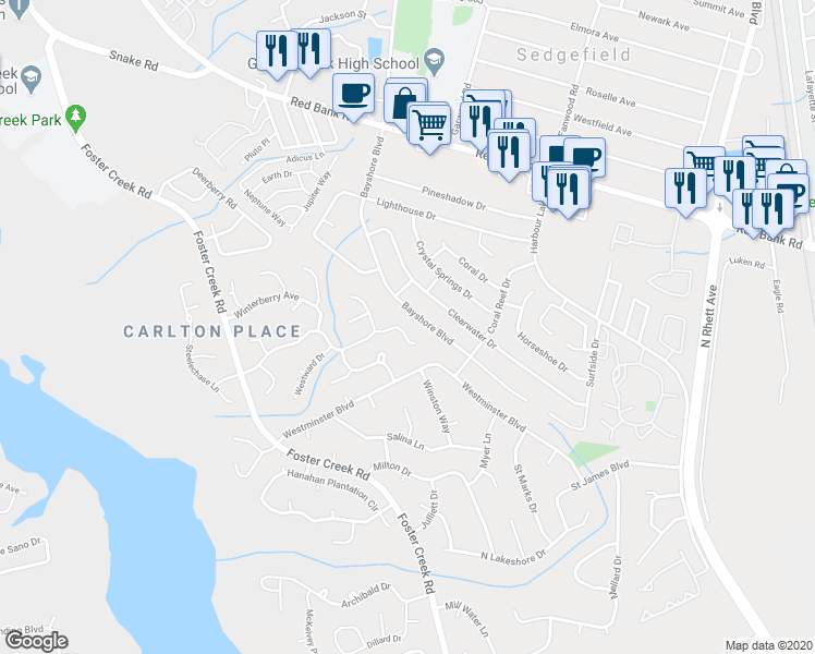 map of restaurants, bars, coffee shops, grocery stores, and more near 1817 Sundancer Lane in Goose Creek
