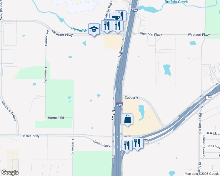 map of restaurants, bars, coffee shops, grocery stores, and more near 12997 North Freeway in Fort Worth