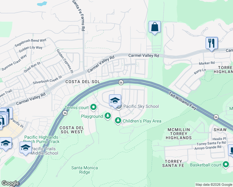 map of restaurants, bars, coffee shops, grocery stores, and more near 13521 Cielo Ranch Road in San Diego
