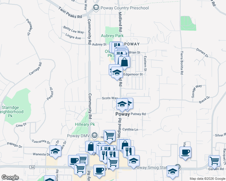 map of restaurants, bars, coffee shops, grocery stores, and more near 13866 Midgrove Court in Poway
