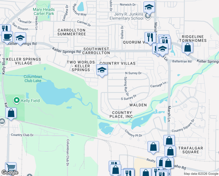 map of restaurants, bars, coffee shops, grocery stores, and more near 2700 Peach Tree Drive in Carrollton