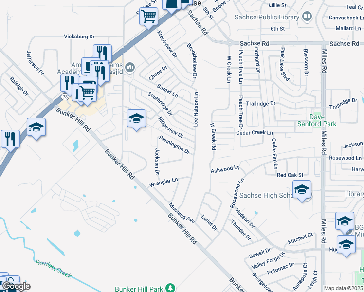 map of restaurants, bars, coffee shops, grocery stores, and more near 2805 Pennington Drive in Sachse