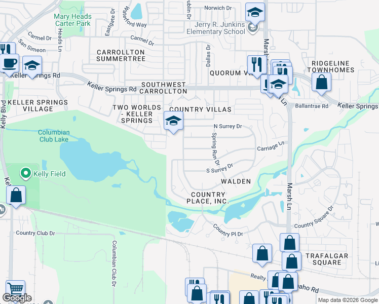 map of restaurants, bars, coffee shops, grocery stores, and more near 2700 Peach Tree Drive in Carrollton