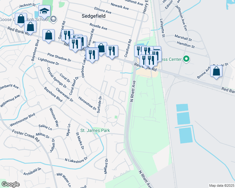 map of restaurants, bars, coffee shops, grocery stores, and more near 5055 Harbour Lake Drive in Goose Creek